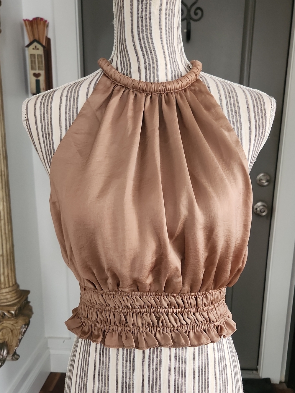 Do+Be Womens Halter Smocked Waist Satin Crop Top - Mocha Brown